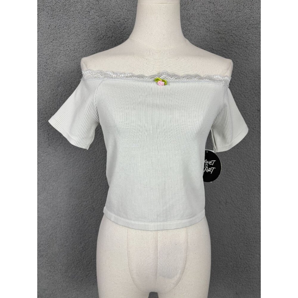 Planet Heart Juniors' Cropped Gray Off-Shoulder Ribbed Lace Trim Top Large NWT's